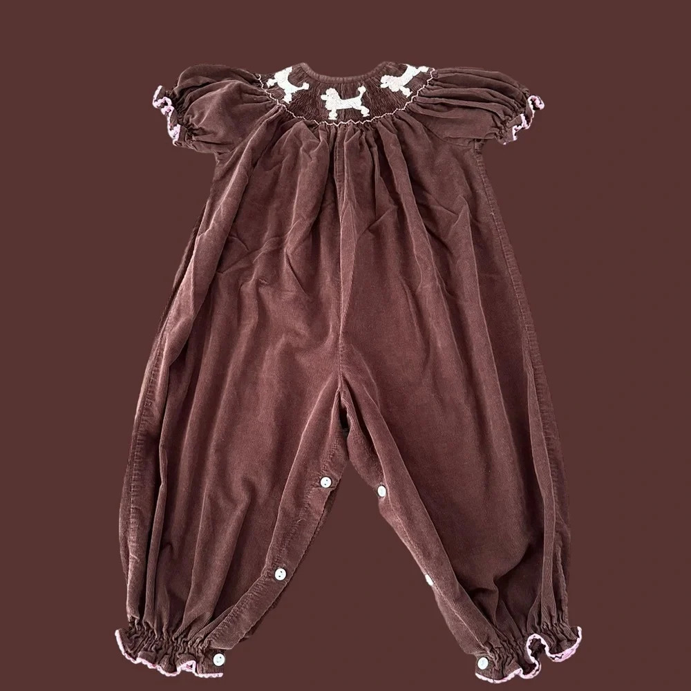 Betti Terell baby girls 24 months Brown Corduroy Smocked Romper Pink Poodle Dogs